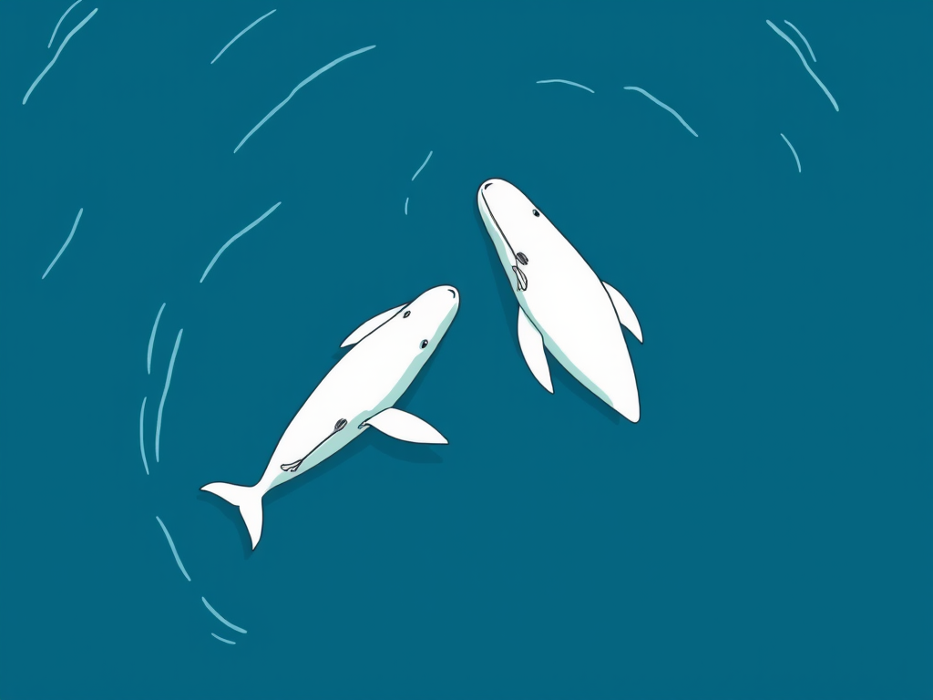 illustration of two whales swimming in the ocean with simple lines and minimal details, high-resolution, camera settings: aperture f/8, ISO 100, shutter speed 1/250, bird's-eye view, style: vector art, camera type: digital drawing tablet