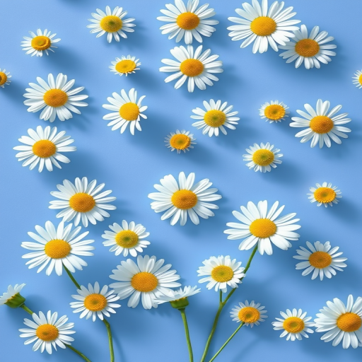 Create a high-resolution seamless pattern of white daisies on a soft blue background, captured with a Canon EOS R5 at f/8, ISO 100, 50mm lens, in natural light for enhanced clarity and color vibrancy.