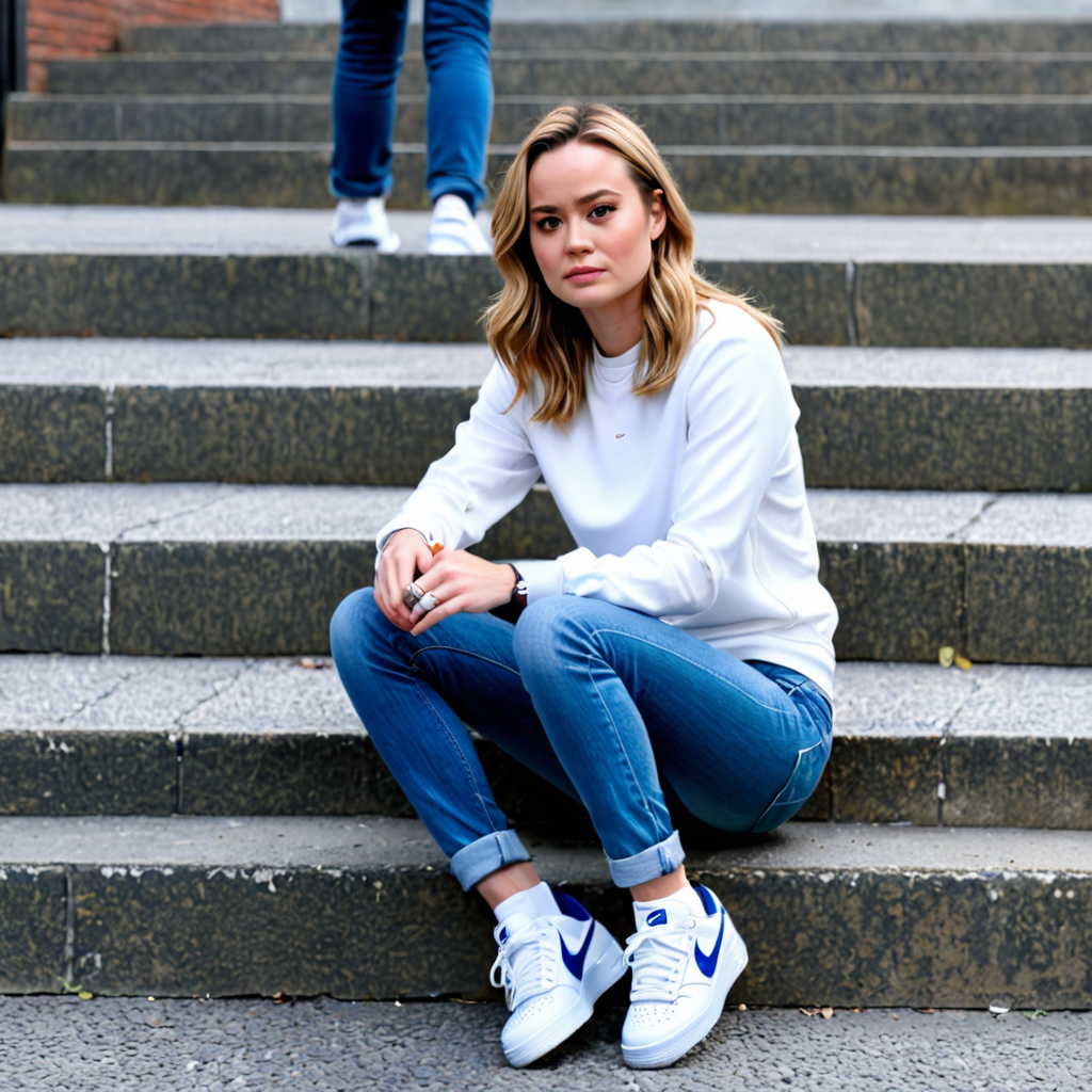 Ai Image Generator - Ai Art Generator - High Quality and 100% Unique Images  - iPic.Ai Brie Larson Carol Danvers sitting in White Shirt, Blue Skinny  Jeans, White Crew Socks, & White