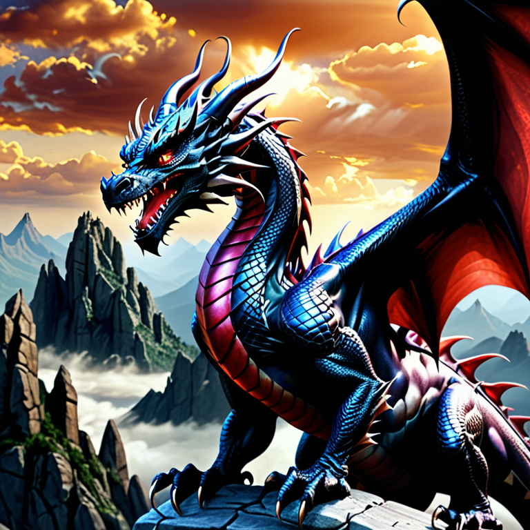A Majestic Dragon Perched on a Mountain Summit Under a Dramatic Sky