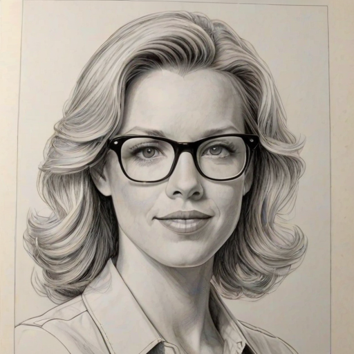 Resplendent Jessica St. Clair, pencil sketch, portrait of Radiant woman 1980s in glasses, hair style beatnik, outline, clear lines, fine lines, 8k