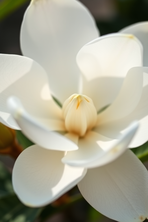 Close-up of a white magnolia flower with delicate petals and a prominent center, soft natural lighting, shallow depth of field, ISO 100, f/2.8, 50mm lens, macro photography.