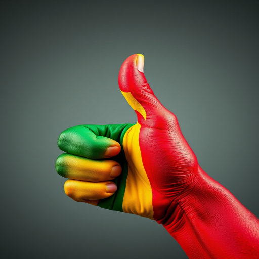 Create an image of a hand giving a thumbs up, painted with the colors of the Mali flag (green, yellow, red), captured with a DSLR camera at f/2.8, ISO 100, 1/200 sec, in high resolution, with a macro lens and a shallow depth of field.