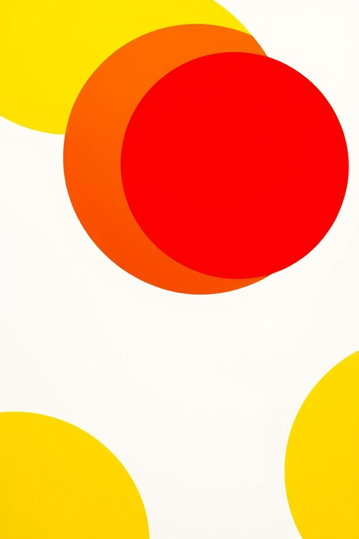 Create an abstract image of overlapping circles in red and yellow, resembling a flag, using a Canon EOS R5 camera with a 50mm lens, aperture f/1.8, shutter speed 1/100 sec, ISO 100, top-down view for enhanced clarity and rich color contrast.