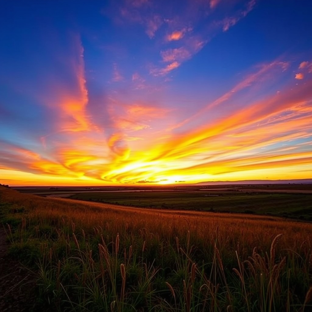 Generate an image of a landscape at sunset with vibrant colors, using a Canon EOS 5D Mark IV, 50mm lens at f/1.8, ISO 100, shutter speed 1/200s, in HDR mode for enhanced details, shot from a low perspective to capture foreground elements.