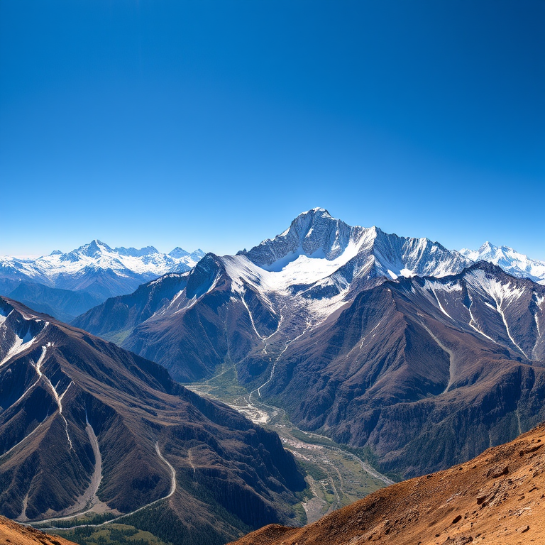 Generate a high-resolution image of a majestic mountain landscape with snow-capped peaks under a clear blue sky, using a DSLR camera with a 24mm lens, aperture set to f/8, ISO 100, and a panoramic view to enhance depth and detail.