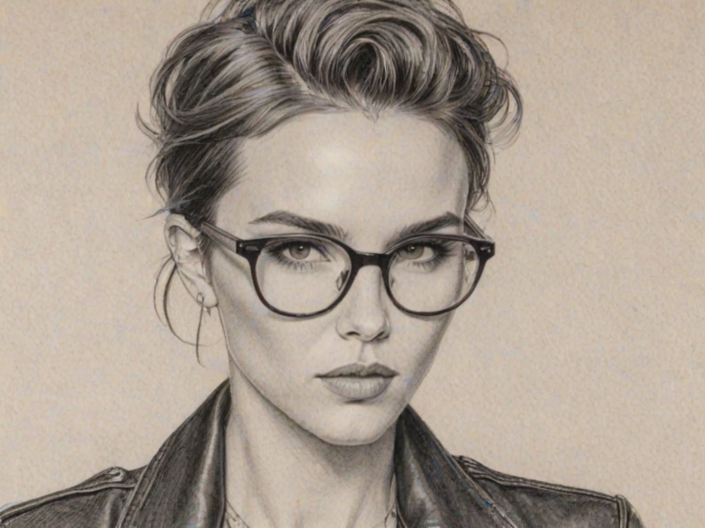 Fascinating Ruby Rose, pencil sketch, portrait of Enticing woman 1971s in glasses, hair style beatnik, outline, clear lines, fine lines, 8k