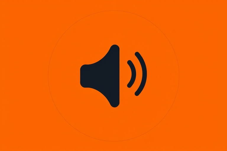 Create an image of a black speaker icon with sound waves on an orange circular background, using a DSLR camera with a 50mm lens, aperture f/1.8, ISO 100, and natural lighting for enhanced clarity and contrast.