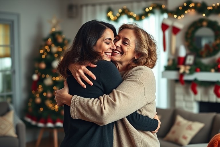 Capture a warm, heartfelt moment of two women embracing joyfully in a cozy living room decorated for Christmas, natural lighting, shallow depth of field, ISO 200, aperture f/2.8, 50mm lens, DSLR camera.