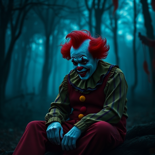 Create a dark, atmospheric image of a sinister clown with bright red hair and a colorful outfit, sitting in a misty forest at dusk, using a DSLR camera with a 50mm lens, aperture f/1.8, ISO 200, and a shallow depth of field for enhanced detail and texture.