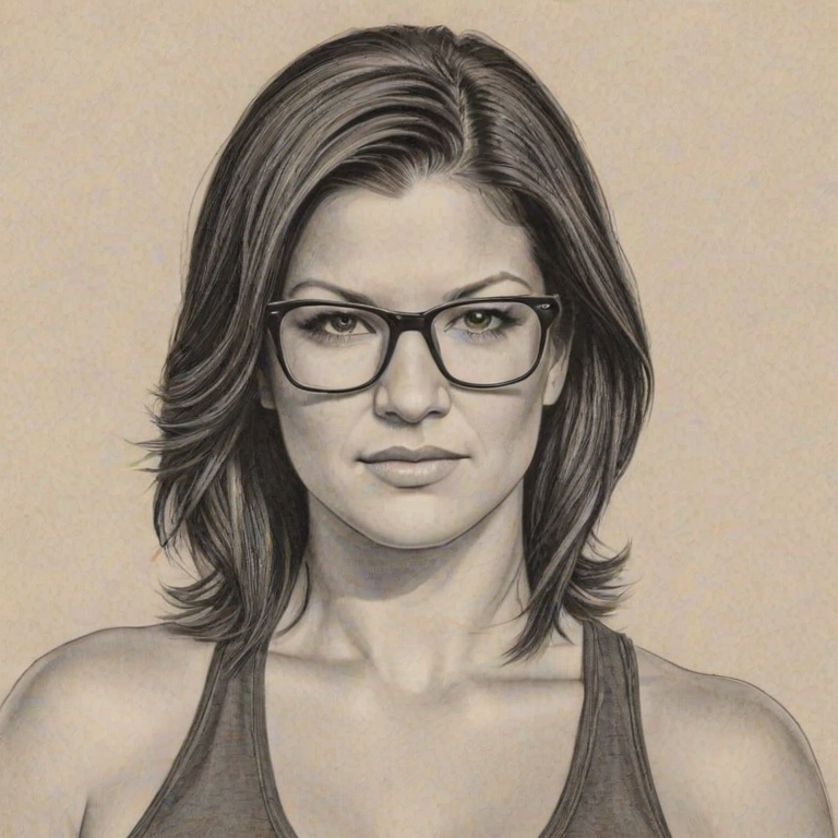 Delightful Gina Carano, pencil sketch, portrait of Attractive woman 1979s in glasses, hair style beatnik, outline, clear lines, fine lines, 8k