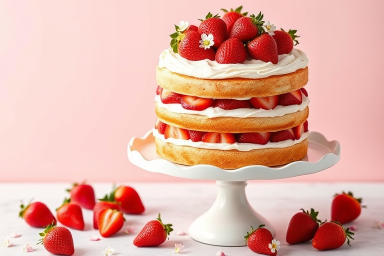 A three-tiered cake with layers of cream and strawberries decorated with fresh strawberries and tiny white flowers on top placed on a vintage cake stand with a light pink background and scattered strawberries and flowers around the base