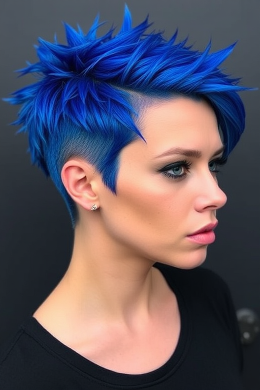Striking cobalt blue pixie cut named "Sapphire Siren" with textured spiky crown, faded sides and nape, electric blue highlights accenting top layers, edgy asymmetrical fringe, high-contrast look with shaved designs