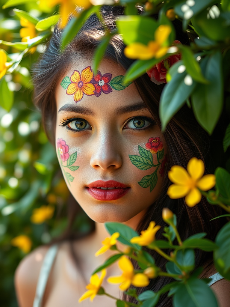 Create a vibrant portrait of a young woman with floral face paint, surrounded by lush green foliage and yellow flowers, captured at 85mm focal length, f/1.8 aperture for shallow depth of field, in natural light, using a DSLR camera with a soft-focus effect.