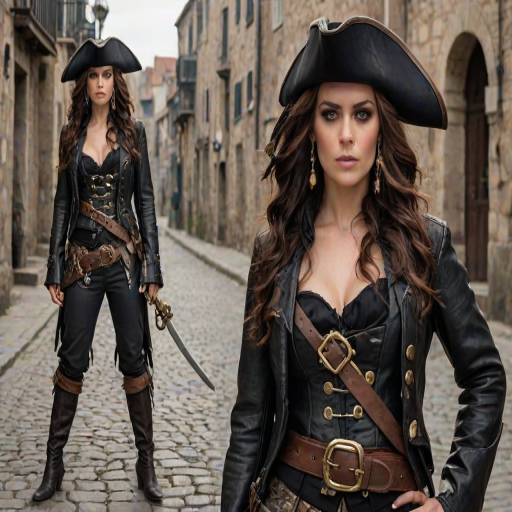 Create a portrait of a fierce female pirate. She wears a leather tricorn hat adorned with a skull and crossbones emblem, and her long, dark hair flows around her face. Her outfit consists of a richly detailed leather jacket, a corset, and multiple layers of belts and accessories, giving her a formidable and stylish appearance. She stands confidently in a dimly lit, historic port town, with a backdrop of weathered buildings and cobblestone streets, capturing the adventurous spirit of a pirate.