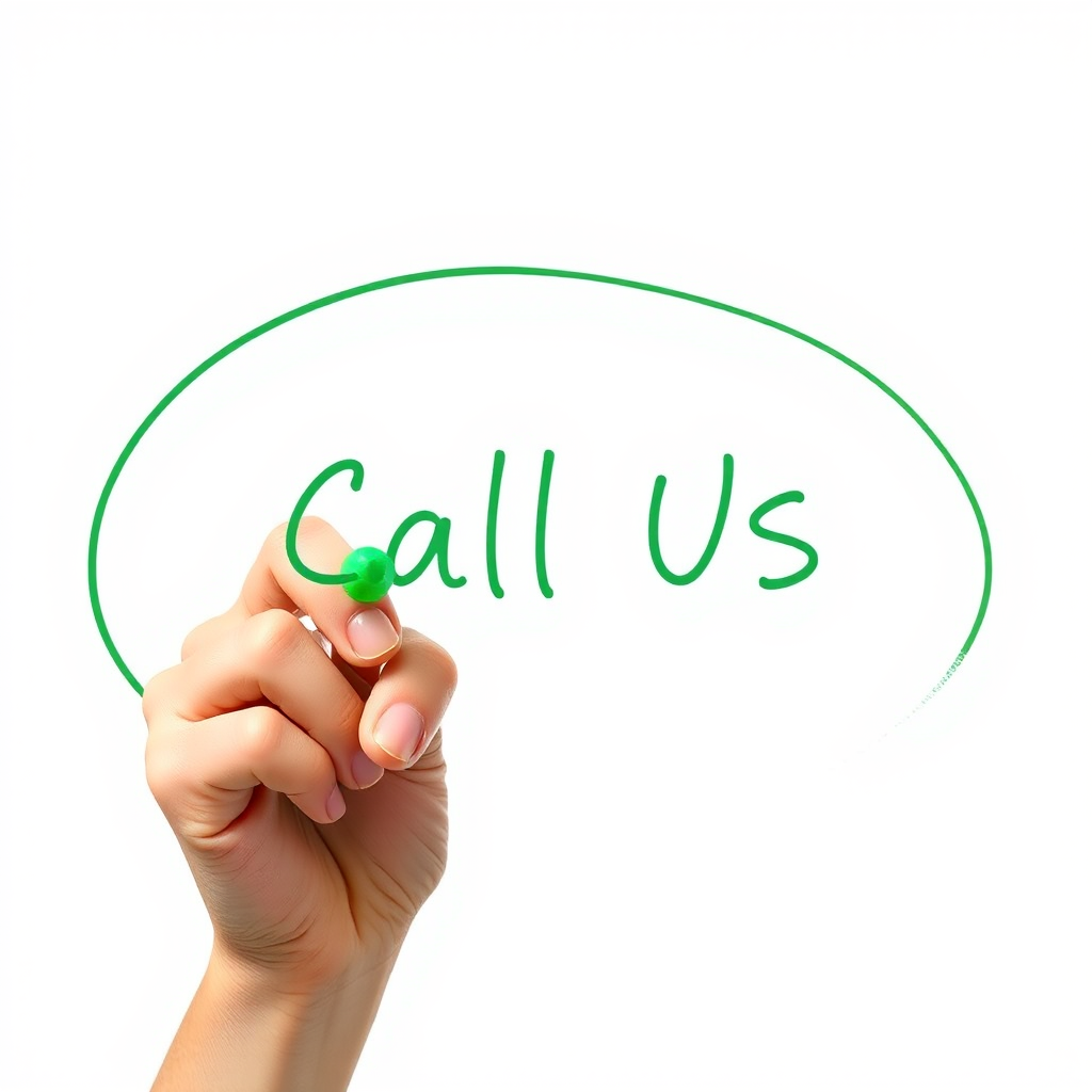 Create a high-resolution image of a person's hand holding a green marker, writing "Call Us" inside a large oval shape, captured with a DSLR camera, aperture f/2.8, shutter speed 1/250s, ISO 100, focal length 50mm, with a clean, white background for clarity.