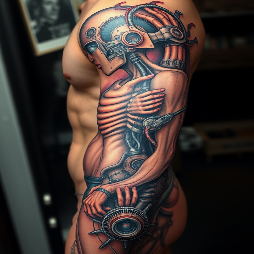 Surrealist biomechanical tattoo titled "Cybernetic Fusion" blending hyperrealistic human anatomy with intricate mechanical components in a harmonious fusion of man and machine