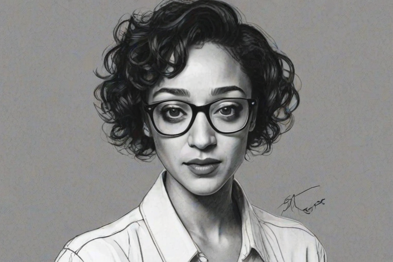 Fetching Ruth Negga, pencil sketch, portrait of Lovely woman 1978s in glasses, hair style beatnik, outline, clear lines, fine lines, 8k