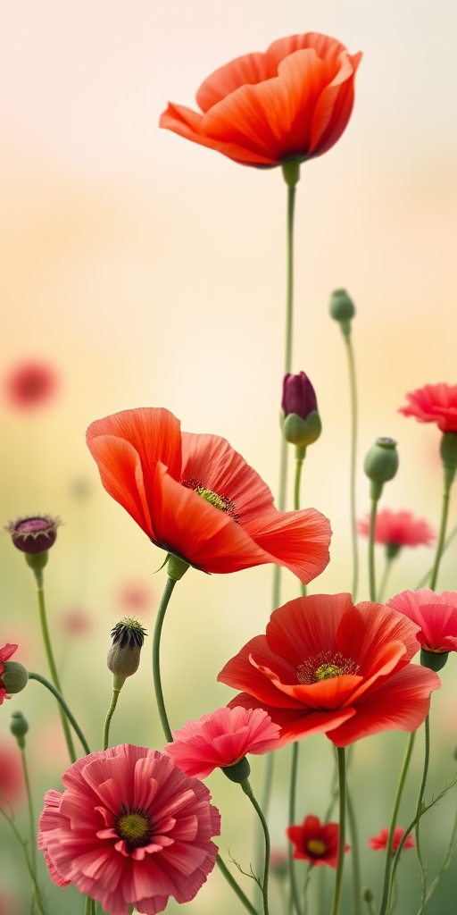 Create a vibrant illustration of red poppies and red carnations with detailed petals and soft backgrounds, shot with a DSLR camera using a 50mm lens at f/2.8, 1/125s shutter speed, ISO 100, and a shallow depth of field for enhanced focus on flowers.