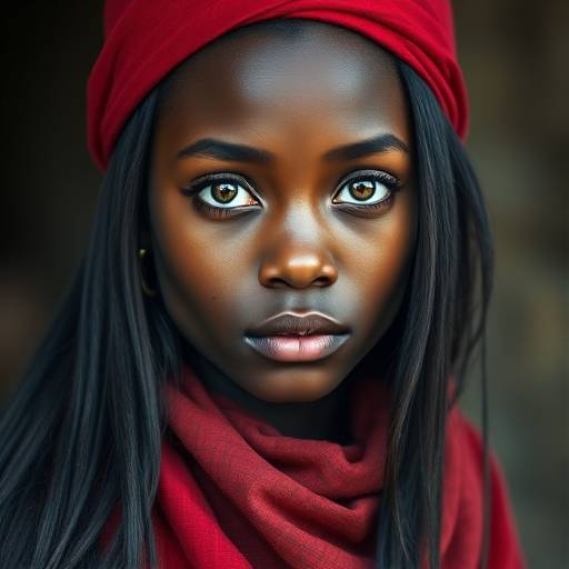 Create a portrait of a young Zulu woman with long, dark hair and captivating hazel eyes. She is wearing a red headscarf and a matching scarf draped gracefully around her neck. The background is softly blurred, focusing attention on her serene and natural expression. The overall color palette is muted and warm, enhancing the intimate and authentic feel of the portrait.