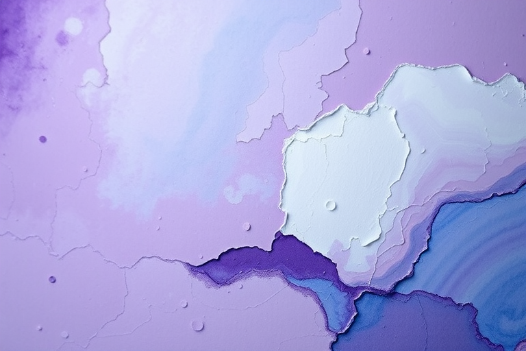 Create a high-resolution abstract painting with soft purple, blue, and white textures, using a Canon EOS R6 camera, 50mm lens, f/1.8 aperture, ISO 100, and a tilt-shift perspective to enhance depth and detail.