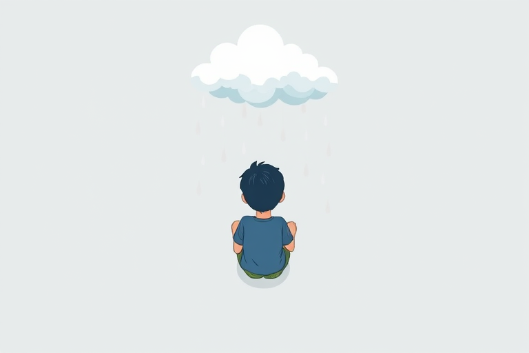 Generate an illustration of a boy sitting alone with a blue shirt and shorts, a cloud above him with rain falling, in a minimalist style with a soft color palette, using a Canon EOS R5, 50mm lens, f/1.8 aperture, ISO 100, natural light, top-down view to enhance depth and focus.