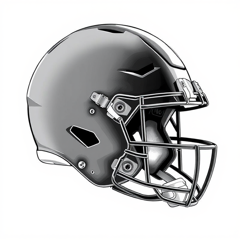 Create a highly detailed illustration of an American football helmet from a side view, using strong lines and shading to enhance depth, captured with a DSLR camera at f/2.8, 50mm lens, ISO 100, natural lighting to emphasize texture and contours.