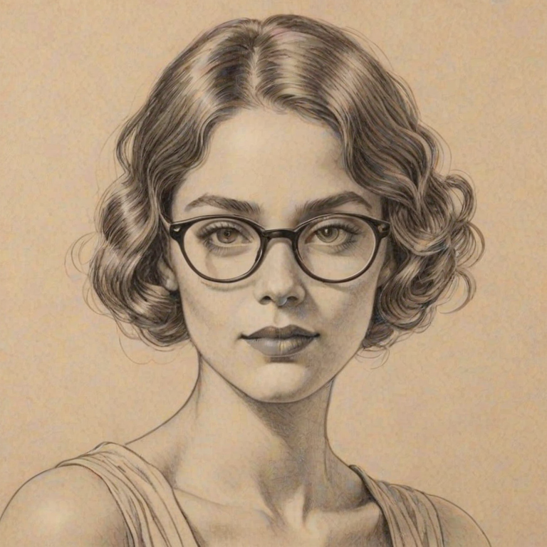 Stunning Monique Gabriela Curnen, pencil sketch, portrait of Enchanting woman 1923s in glasses, hair style beatnik, outline, clear lines, fine lines, 8k
