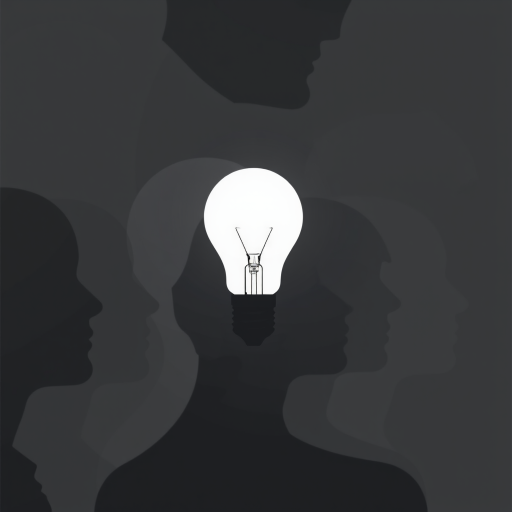Create a high-contrast illustration of overlapping silhouette profiles of human heads in various shades of gray, with a bright light bulb centered in the foreground, shot with a DSLR camera at f/5.6, 1/125 sec, ISO 100, in a shallow depth of field to enhance detail and clarity, using a top-down view and minimalist style.