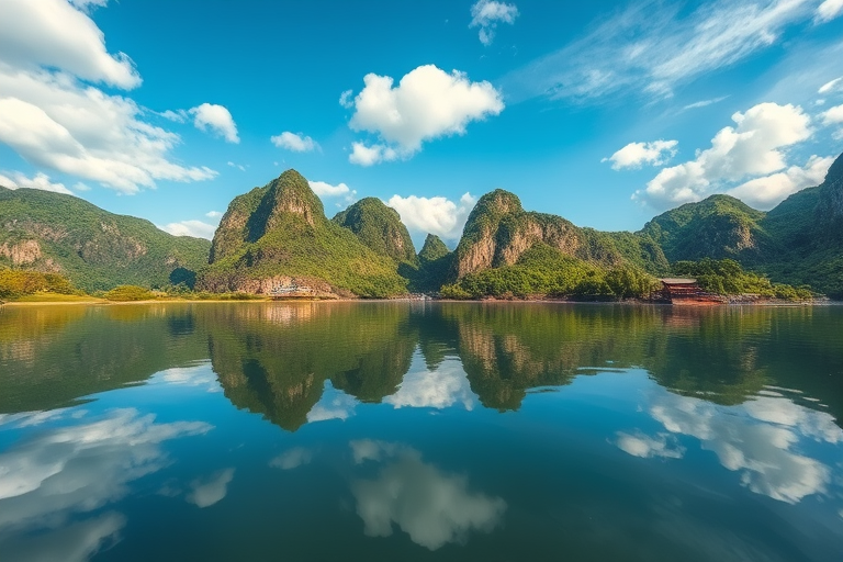 Capture a serene landscape of towering limestone cliffs reflected in calm water, vibrant green vegetation, with a clear blue sky and scattered clouds, using a DSLR camera set to f/11 aperture, ISO 100, and a shutter speed of 1/250 sec, in wide-angle view to emphasize the scale and tranquility of the scene.