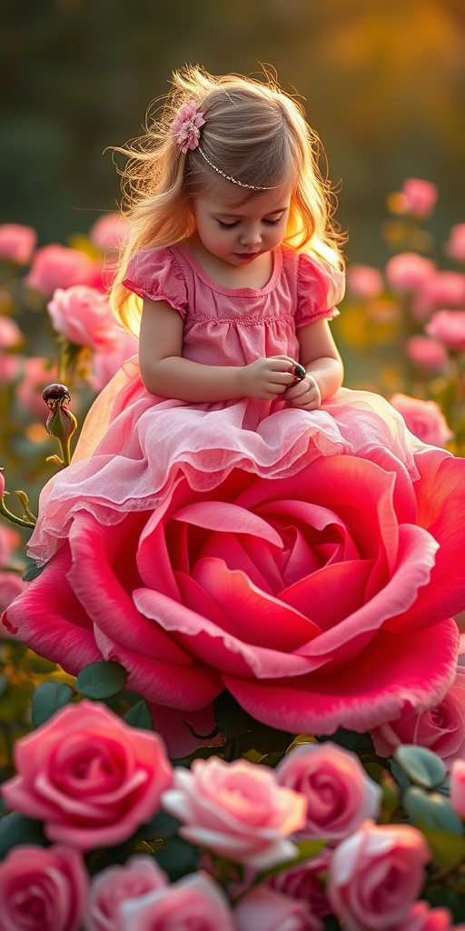 Create an ethereal portrait of a young girl in a pink dress sitting on a giant rose, gently interacting with a ladybug, surrounded by blooming roses, with soft golden lighting, using a DSLR camera with a 50mm lens, aperture f/1.8, ISO 100, and a shallow depth of field for a dreamy effect.