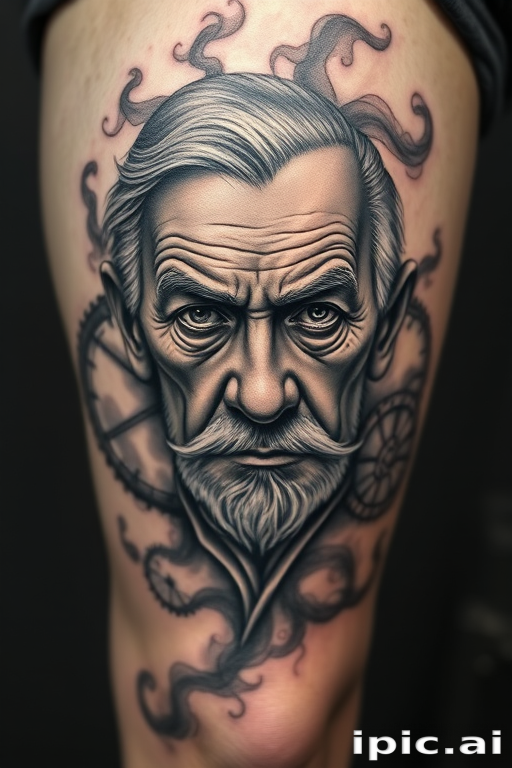 Realistic grayscale portrait tattoo on the thigh, depicting a wise elderly face with deep wrinkles and piercing eyes, surrounded by wisps of smoke and floating clock gears