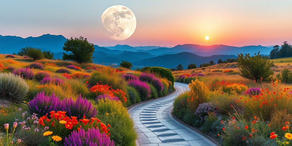 Regenerate a vibrant watercolor landscape featuring a serene path winding through colorful flora, with a large moon above and mountains in the background at dusk, using a Canon EOS R5, 50mm f/1.2 lens, aperture set to f/8, ISO 100, and a balanced composition highlighting the interplay of light and shadow in the scene.