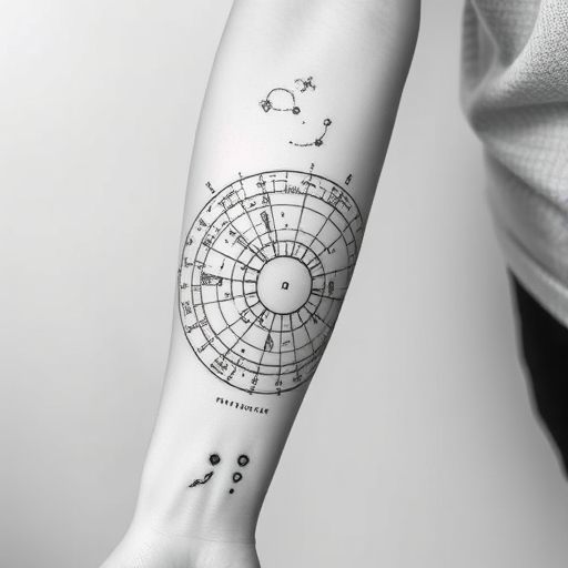 Minimalist black linework tattoo called "Celestial Blueprint" depicting an intricate astronomical chart spanning the forearm, showcasing constellations, planets, and cosmic symbols in precise, thin lines, creating a sophisticated and scientific aesthetic with subtle dotwork shading for depth