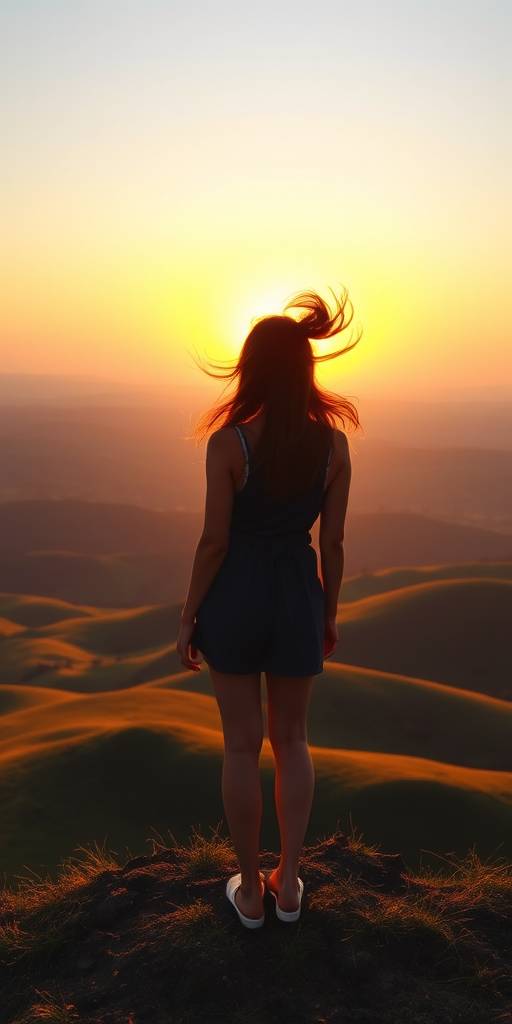 Sunset over rolling green hills, a woman stands at the crest of a hill, the wind catching her hair as she overlooks the vast landscape, bathed in warm, golden light.