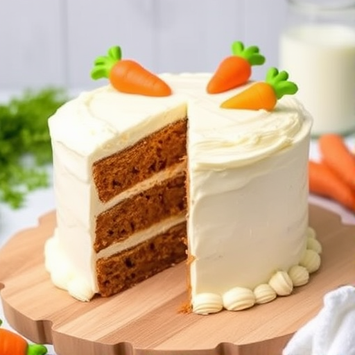A beautifully decorated carrot cake with layers of moist cake and cream cheese frosting adorned with colorful carrot decorations, placed on a wooden board with some fresh carrots and a glass of milk in the background.