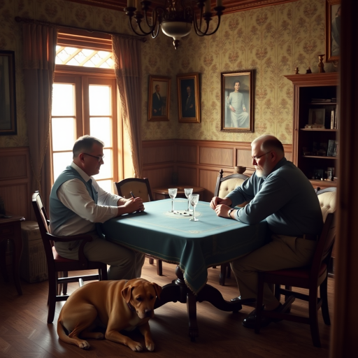 Regenerate a classic interior scene depicting four men engaged in a game at a table with a dog resting nearby, using a Canon EOS R5, 50mm lens, aperture f/1.8, ISO 100, natural lighting, and a slightly elevated angle for depth.