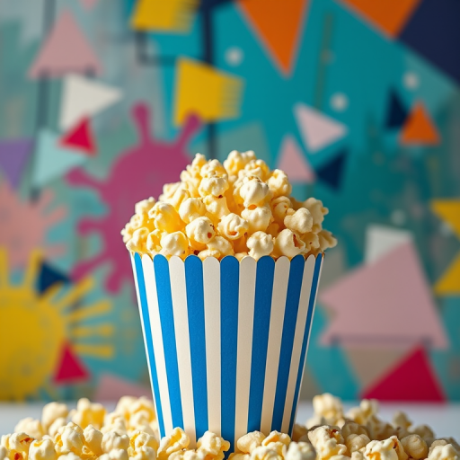 Capture a high-resolution image of a striped popcorn container filled with buttery popcorn set against a vibrant abstract background with colorful geometric shapes, using a DSLR camera with a 50mm lens, aperture f/1.8, ISO 200, and a soft focus to enhance the dreamy quality of the scene.