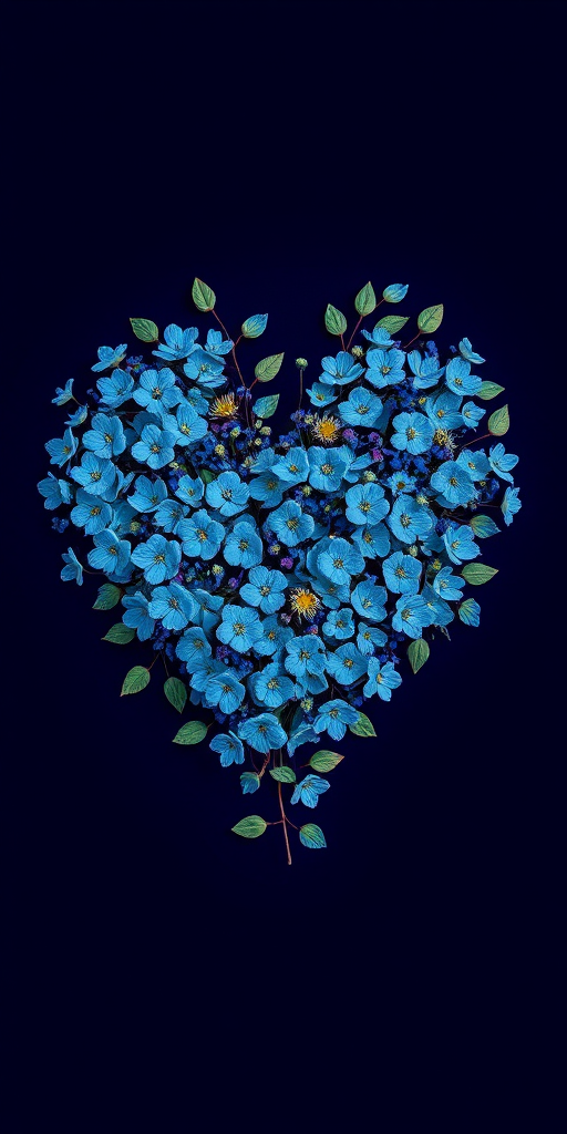 Create a vibrant, intricate heart design filled with various blue flowers and leaves on a deep navy background, using a DSLR camera with a 50mm lens, f/2.8 aperture, 1/100s shutter speed, and shot in natural light for enhanced detail and color saturation.