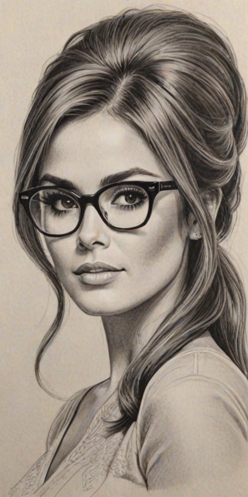 Dazzling Cheryl Cole, pencil sketch, portrait of Beauteous woman 1960s in glasses, hair style beatnik, outline, clear lines, fine lines, 8k