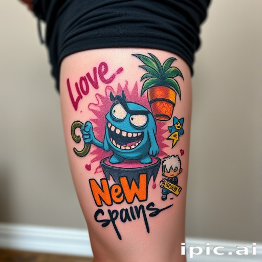 Playful new school tattoo on the thigh, featuring exaggerated cartoon characters and bold, graffiti-inspired elements, employing vivid colors and thick outlines for a fun and eye-catching design
