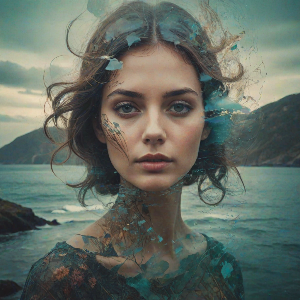 this image is Book cover, A surreal double exposure portrait that blends a woman's face with a beautiful seascape. The overall mood is dreamy and mystical, with rich colors and intricate details