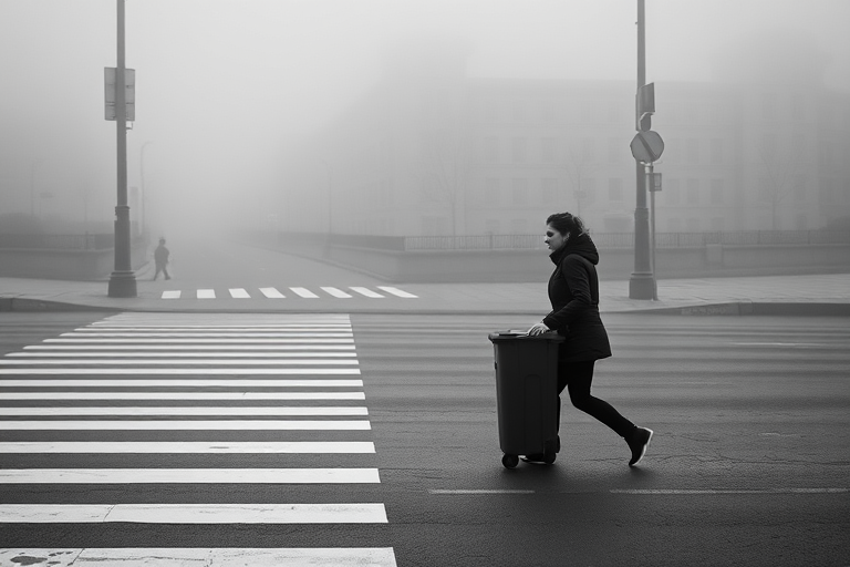 black and white street photography of a person walking with a trash bin across a crosswalk, foggy atmosphere, soft focus, Canon EOS R5, 50mm f/1.2 lens, ISO 200, aperture f/2.8, shutter speed 1/250s, natural light, slightly high angle view to capture background detail