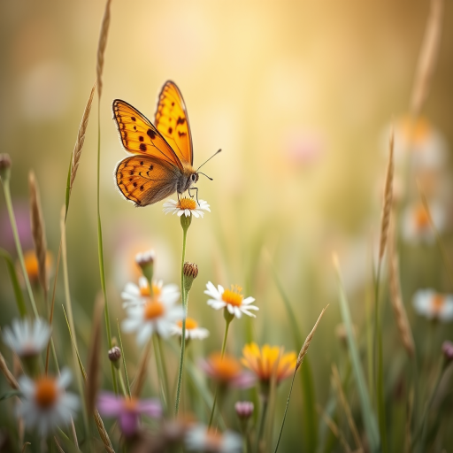 Generate an image of a butterfly perched on a delicate flower in a soft-focus grassy field. The butterfly should have vibrant orange wings with black spots, surrounded by a variety of wildflowers and grass blades gently swaying in the breeze. The background should be blurred to create a dreamy atmosphere, highlighting the butterfly and the flowers in the foreground.
