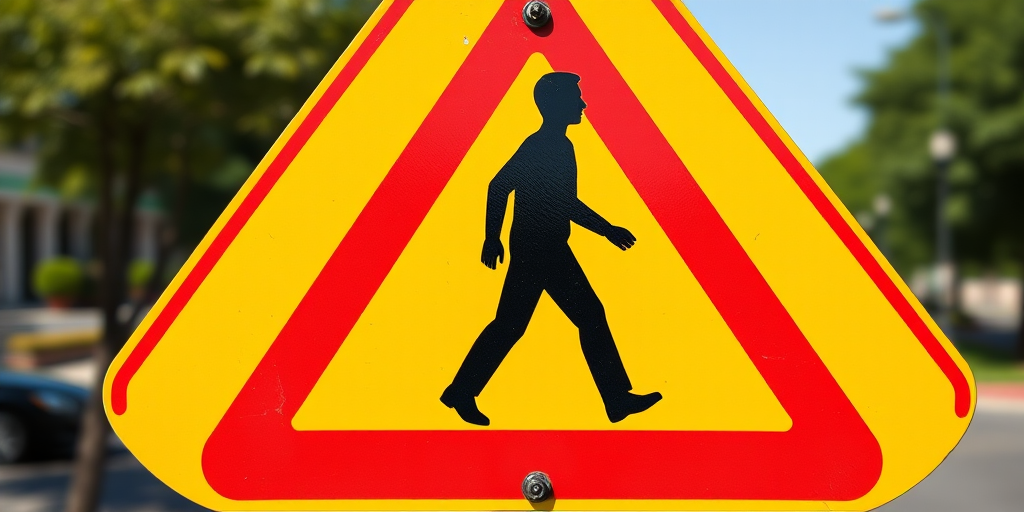 Create an image of a pedestrian crossing warning sign featuring a silhouette of a person walking, with a bold red triangular border and a bright yellow background, captured with a DSLR camera at f/8 aperture, ISO 100, 50mm lens, natural daylight, shot from eye level for clarity.