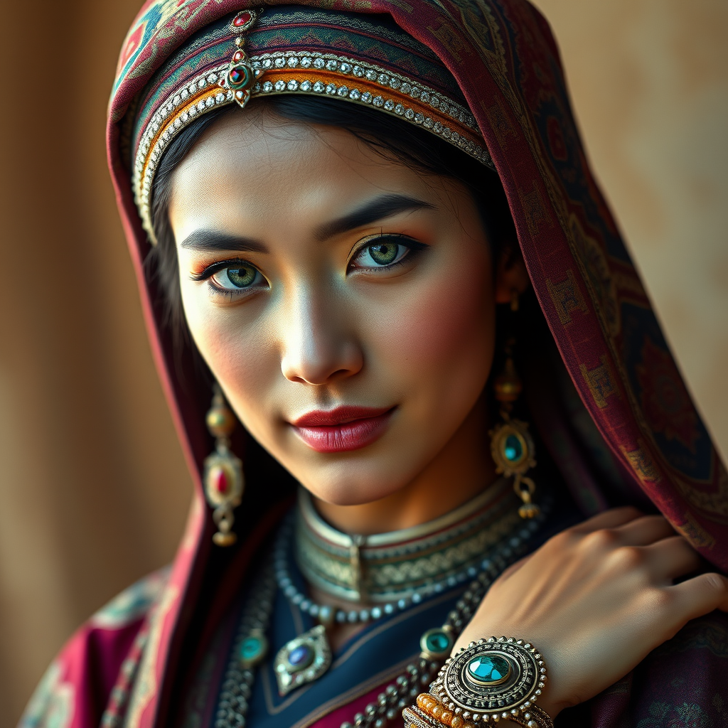 Create a portrait of a beautiful Tibetan woman with striking green eyes and a gentle expression. She is adorned in traditional attire with intricate patterns, including a richly embroidered headscarf and matching garments. Her jewelry includes a delicate headpiece, dangling earrings, and ornate bracelets, all featuring vibrant gemstones and detailed metalwork. The background is soft and warm, enhancing the rich colors of her outfit and jewelry.