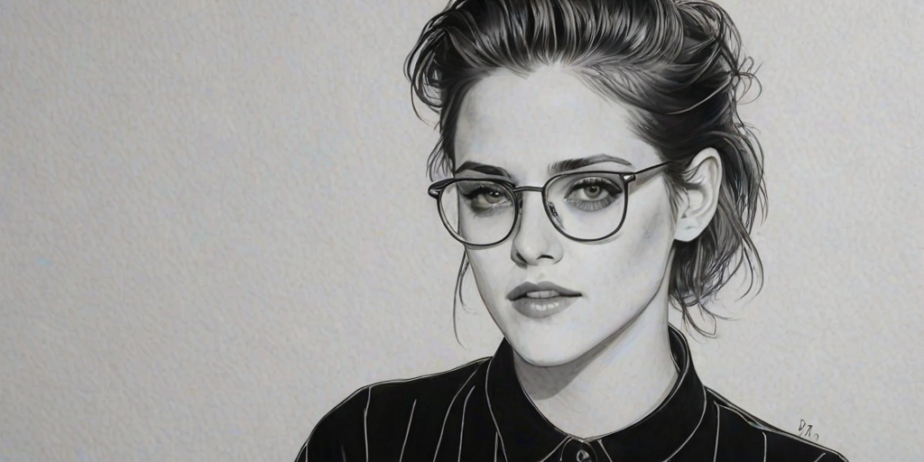 Captivating Kristen Stewart, pencil sketch, portrait of Graceful woman 1922s in glasses, hair style beatnik, outline, clear lines, fine lines, 8k