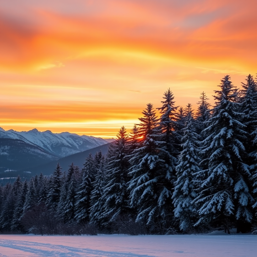 Generate a high-resolution winter landscape with a sunset sky, featuring snow-covered trees and mountains in the background, captured with a Canon EOS 5D Mark IV, 24mm lens, f/11 aperture, ISO 100, in HDR style with a wide-angle view.