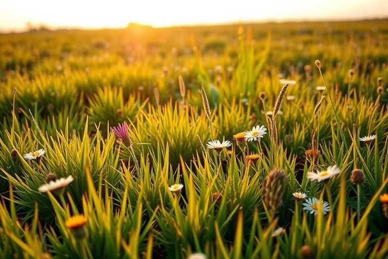 Generate a vibrant meadow scene with lush green grass and scattered wildflowers, captured with a DSLR camera at f/8 aperture, ISO 200, 1/250s shutter speed, wide-angle lens, in natural light, during golden hour for enhanced colors and depth.