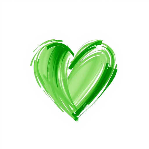 Create a vibrant green heart illustration on a white background with a textured brush effect, using a DSLR camera with a 50mm lens at f/2.8, ISO 100, and a shallow depth of field for a soft background.